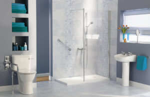 bathroom with hand rails, walk-in shower, safe toilet and bright walls