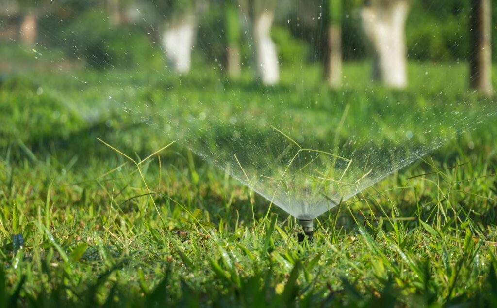 A sprinkler system sprays water over green grass in a garden, while trees blur in the background. This method conserves water and keeps the landscape vibrant.