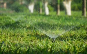 A sprinkler system sprays water over green grass in a garden, while trees blur in the background. This method conserves water and keeps the landscape vibrant.